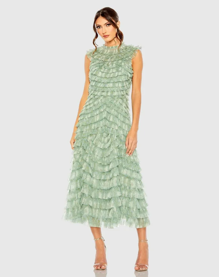 Cocktail Dresses Mac Duggal Women Green High Neck Micro Ruffle Dress Green Multi