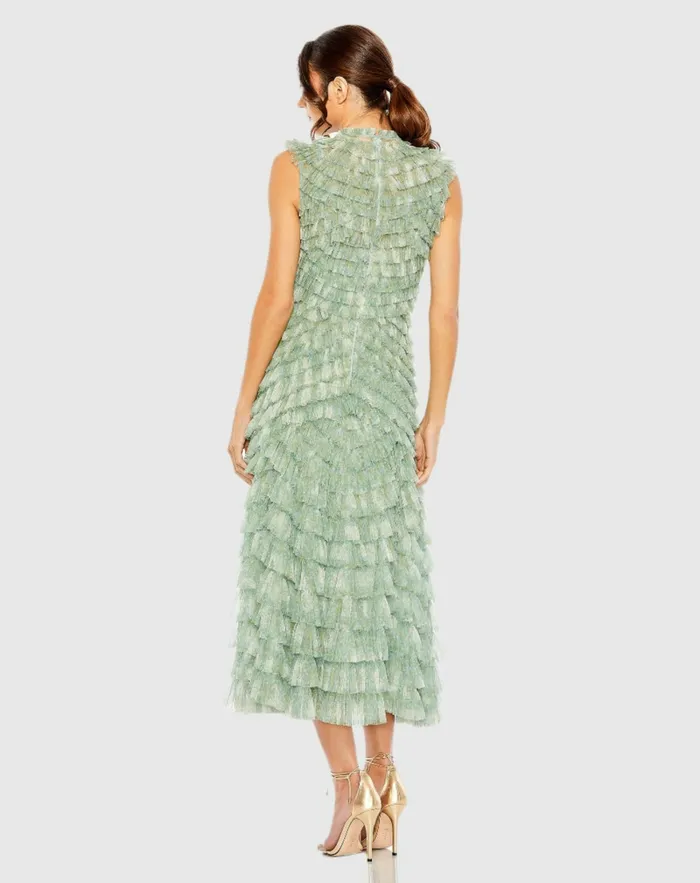Cocktail Dresses Mac Duggal Women Green High Neck Micro Ruffle Dress Green Multi