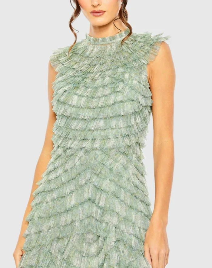Cocktail Dresses Mac Duggal Women Green High Neck Micro Ruffle Dress Green Multi