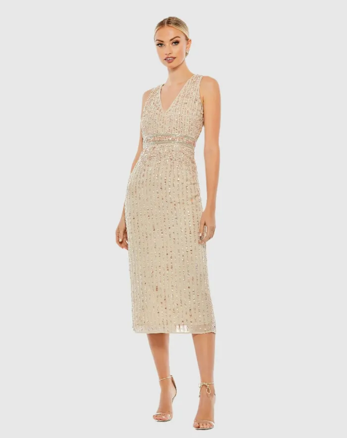 Cocktail Dresses Mac Duggal Women Sequined Sleeveless VNeck Midi Sheath Dress Nude