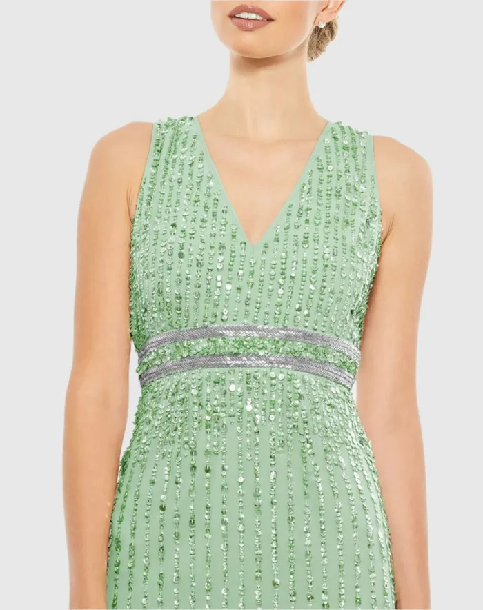 Cocktail Dresses Mac Duggal Women Sequined Sleeveless VNeck Midi Sheath Dress Nude
