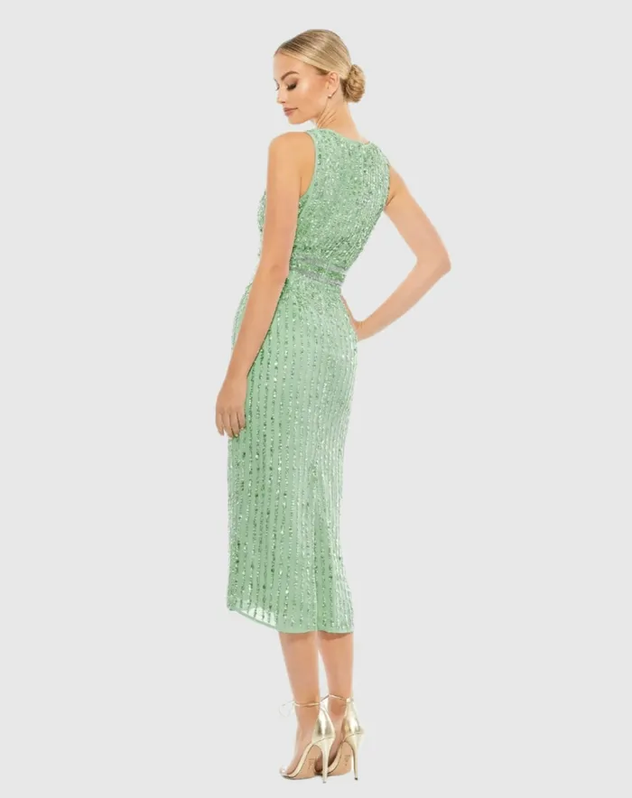 Cocktail Dresses Mac Duggal Women Sequined Sleeveless VNeck Midi Sheath Dress Nude