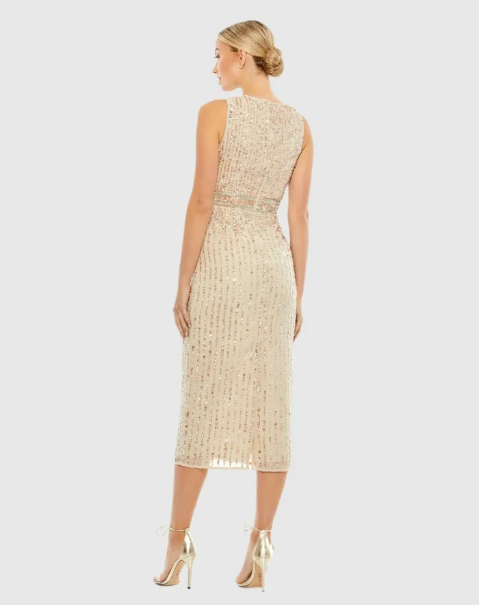 Cocktail Dresses Mac Duggal Women Sequined Sleeveless VNeck Midi Sheath Dress Nude