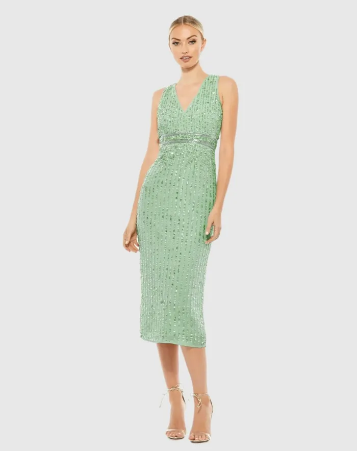 Cocktail Dresses Mac Duggal Women Sequined Sleeveless VNeck Midi Sheath Dress Nude