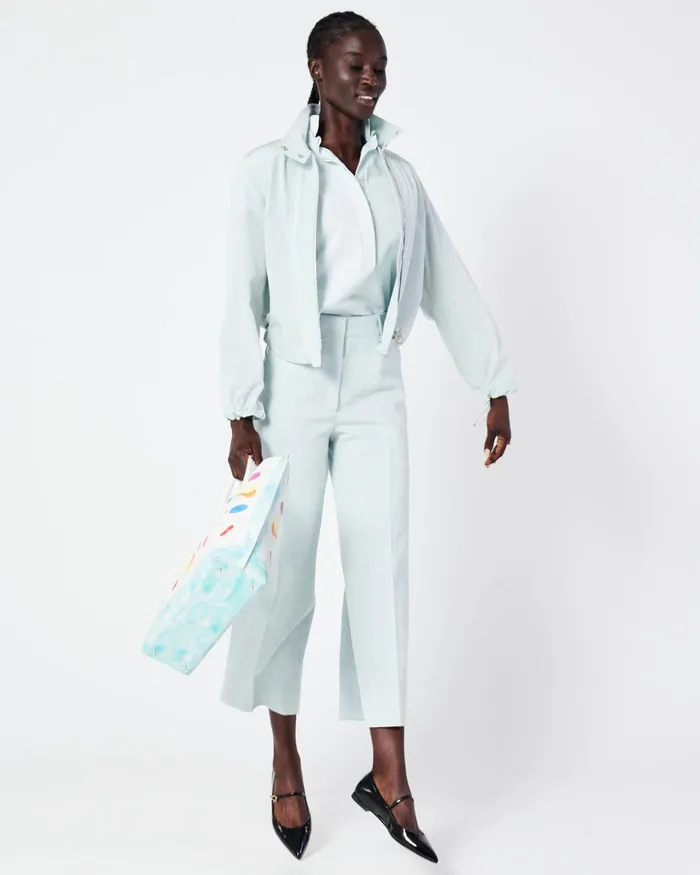 Cropped Cotton Denim Wide Leg Pants Bleached Denim Women Akris Pants
