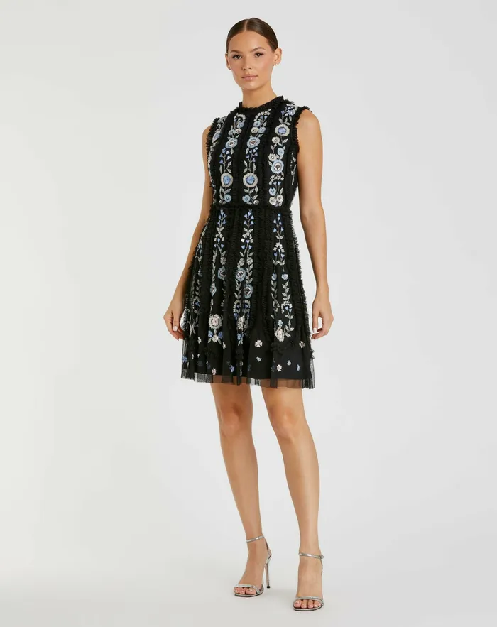 Daytime Dresses Black Sleeveless High Neck Embroidered Mini Dress Black 8211 Mac Duggal Women