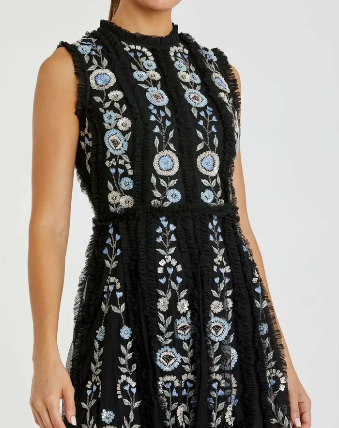 Daytime Dresses Black Sleeveless High Neck Embroidered Mini Dress Black 8211 Mac Duggal Women