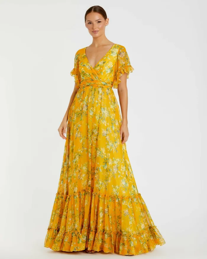 Daytime Dresses Flounce Sleeve Floral Maxi Dress Yellow Multi 8211 Mac Duggal Women