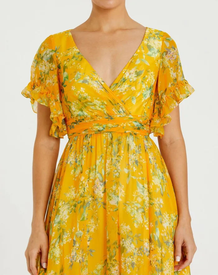 Daytime Dresses Flounce Sleeve Floral Maxi Dress Yellow Multi 8211 Mac Duggal Women