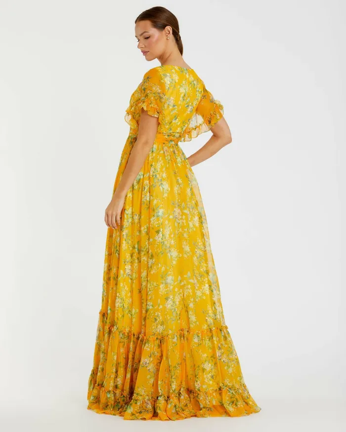 Daytime Dresses Flounce Sleeve Floral Maxi Dress Yellow Multi 8211 Mac Duggal Women
