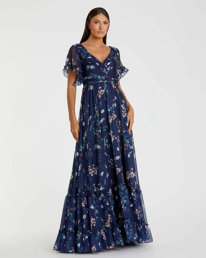 Daytime Dresses Flounce Sleeve Floral Maxi Dress Yellow Multi 8211 Mac Duggal Women