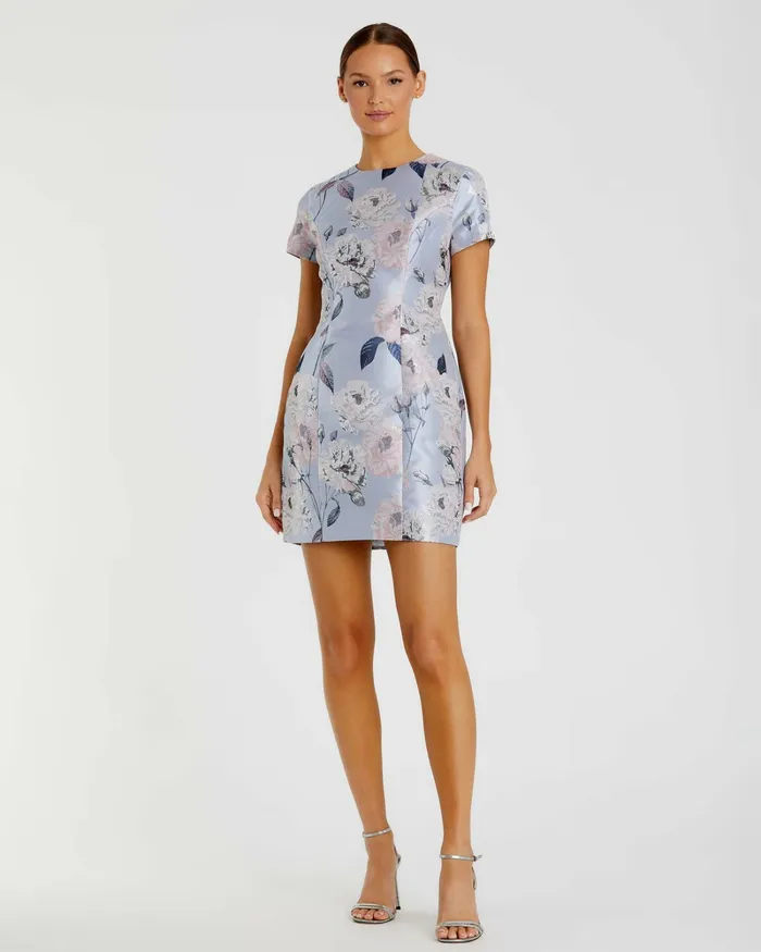 Daytime Dresses Mac Duggal Women Short Sleeve Fitted Floral Mini Dress Blue Multi