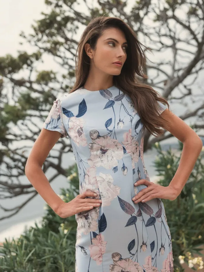 Daytime Dresses Mac Duggal Women Short Sleeve Fitted Floral Mini Dress Blue Multi