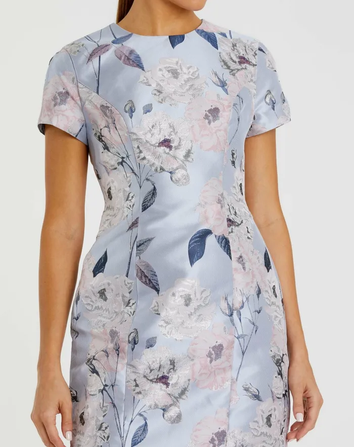 Daytime Dresses Mac Duggal Women Short Sleeve Fitted Floral Mini Dress Blue Multi