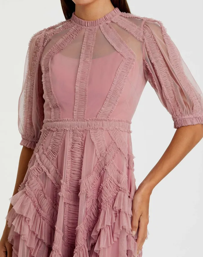 Daytime Dresses Pink High Neck Micro Ruffle Tiered Midi Dress Antique Rose 8211 Mac Duggal Women