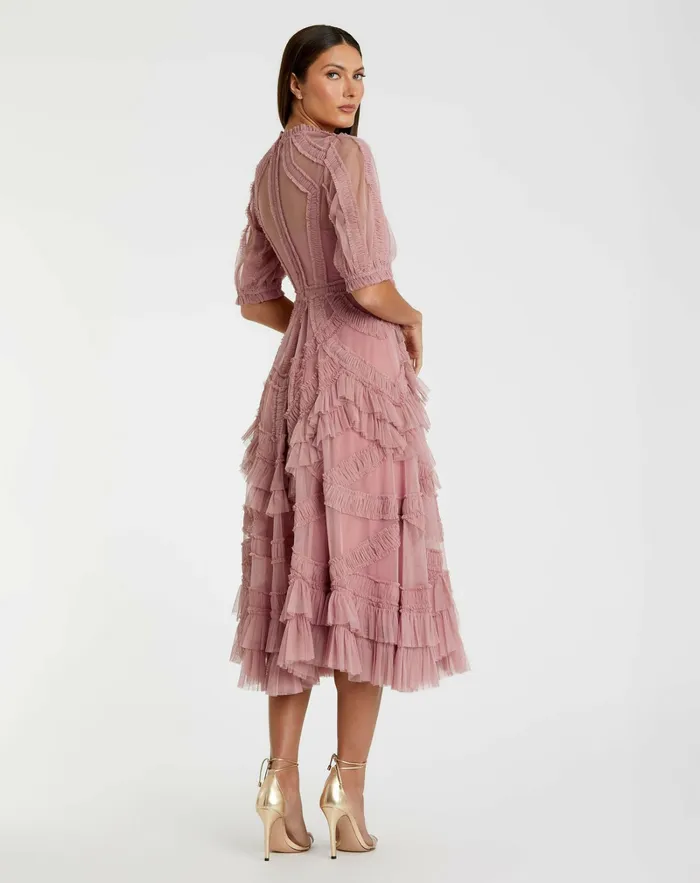 Daytime Dresses Pink High Neck Micro Ruffle Tiered Midi Dress Antique Rose 8211 Mac Duggal Women