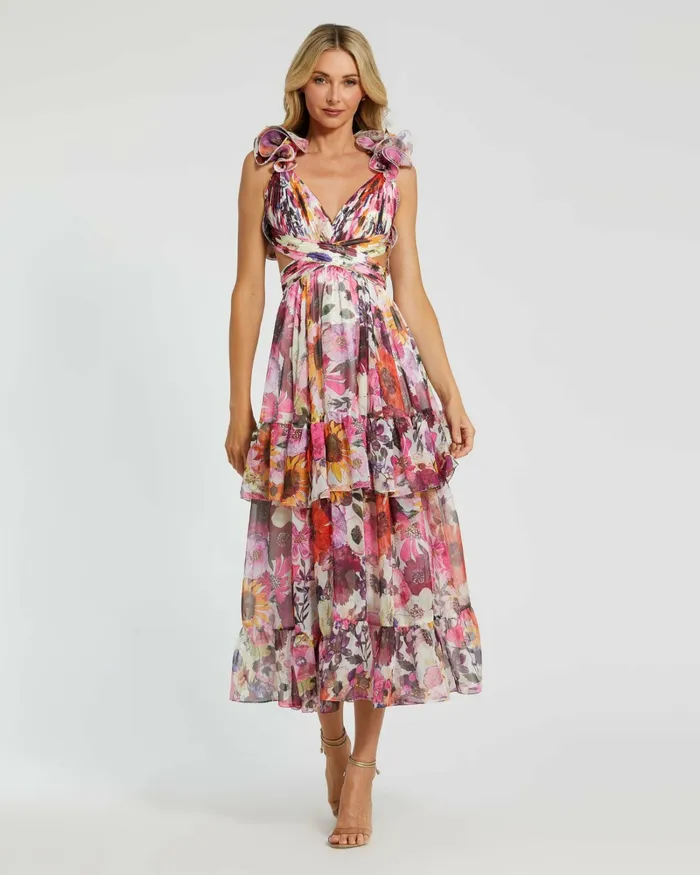 Daytime Dresses Ruffle Tiered CutOut Floral Chiffon Dress White Multi Mac Duggal Women