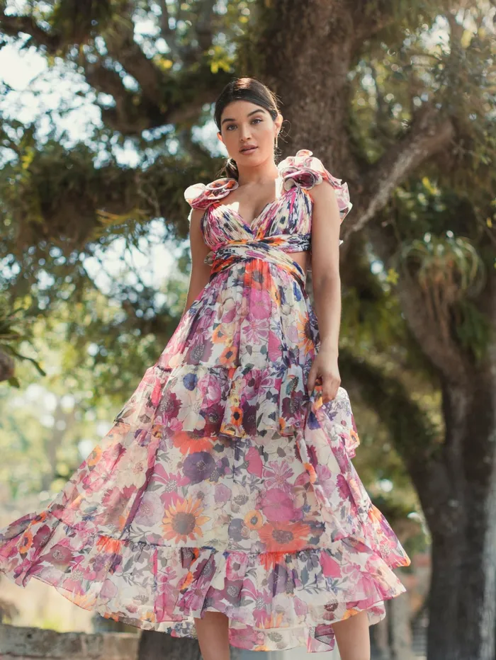 Daytime Dresses Ruffle Tiered CutOut Floral Chiffon Dress White Multi Mac Duggal Women