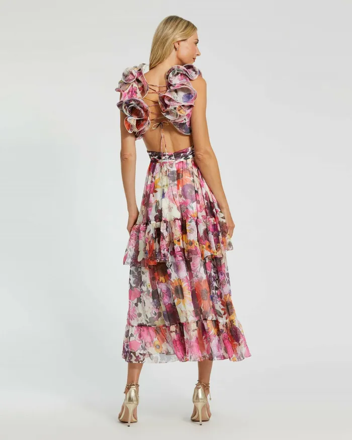 Daytime Dresses Ruffle Tiered CutOut Floral Chiffon Dress White Multi Mac Duggal Women