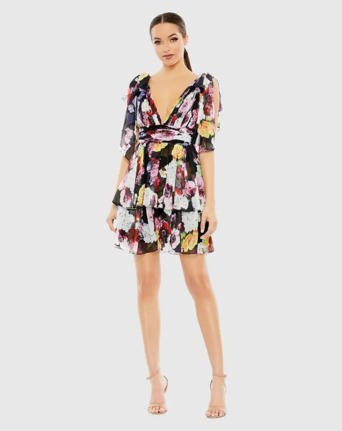Daytime Dresses Women Floral Print Ruffled Sleeveless Soft Tie Dress Multi Mac Duggal