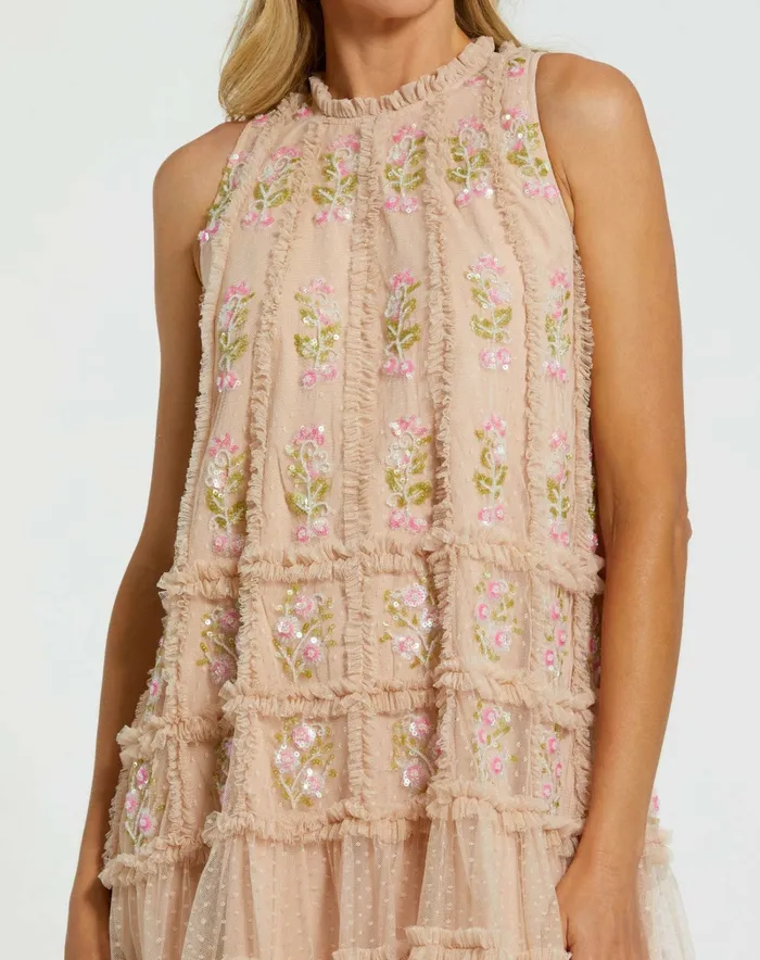 Daytime Dresses Women Mac Duggal Sleeveless High Neck Beaded Ruffle Detail Dress Nude Multi