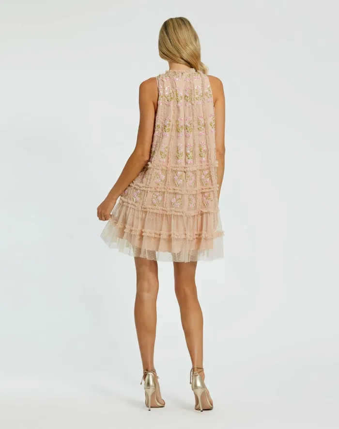 Daytime Dresses Women Mac Duggal Sleeveless High Neck Beaded Ruffle Detail Dress Nude Multi