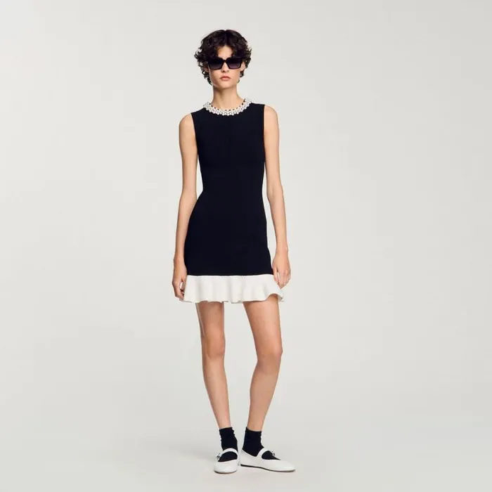 Dresses Women SANDRO Short Knit Dress With Beaded Neck Black Ecru