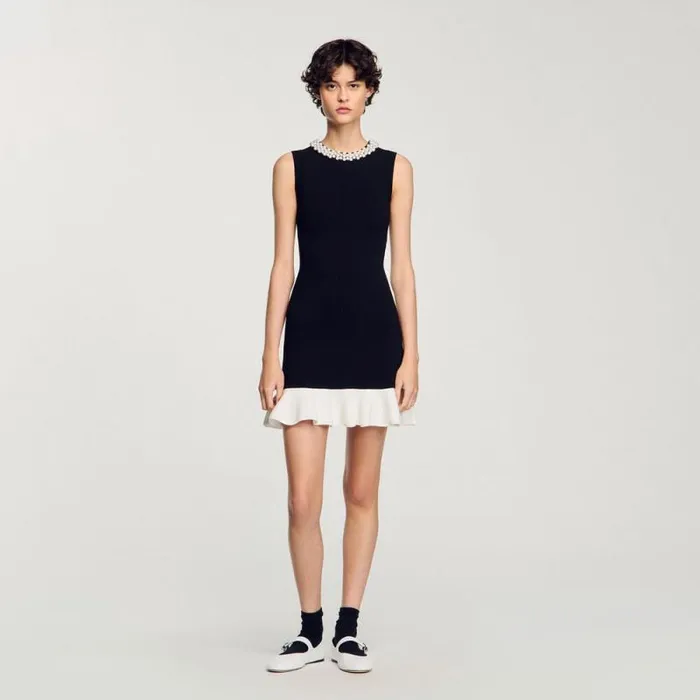 Dresses Women SANDRO Short Knit Dress With Beaded Neck Black Ecru