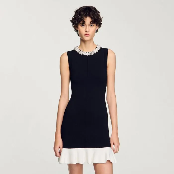 Dresses Women SANDRO Short Knit Dress With Beaded Neck Black Ecru