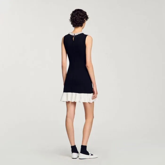 Dresses Women SANDRO Short Knit Dress With Beaded Neck Black Ecru