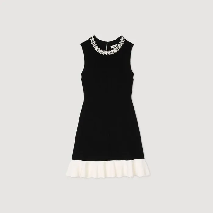 Dresses Women SANDRO Short Knit Dress With Beaded Neck Black Ecru