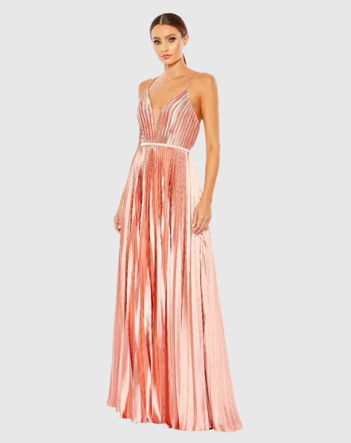 Evening Gowns Mac Duggal Women Plunge Neck Pleated Evening Gown Midnight