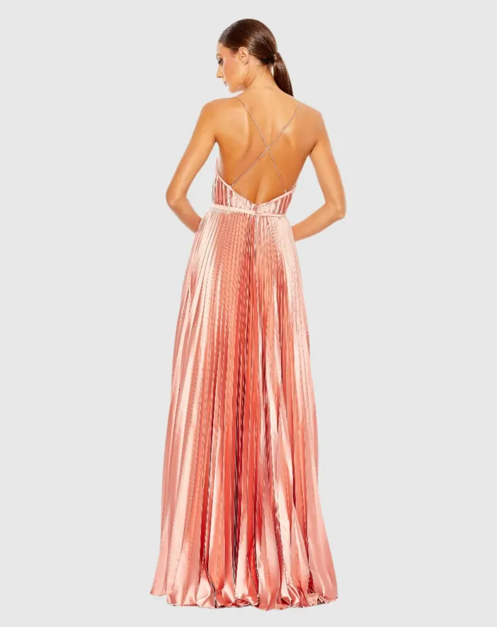 Evening Gowns Mac Duggal Women Plunge Neck Pleated Evening Gown Midnight