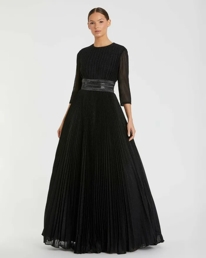 Evening Gowns Women Mac Duggal Shimmering Pleated ALine 34 Sleeve Gown Black
