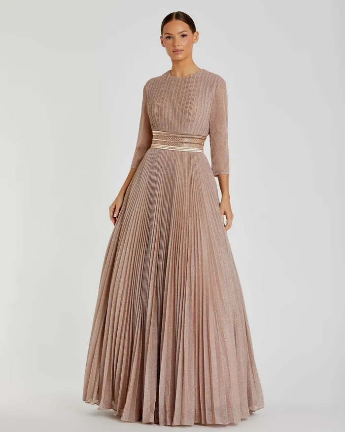 Evening Gowns Women Mac Duggal Shimmering Pleated ALine 34 Sleeve Gown Black