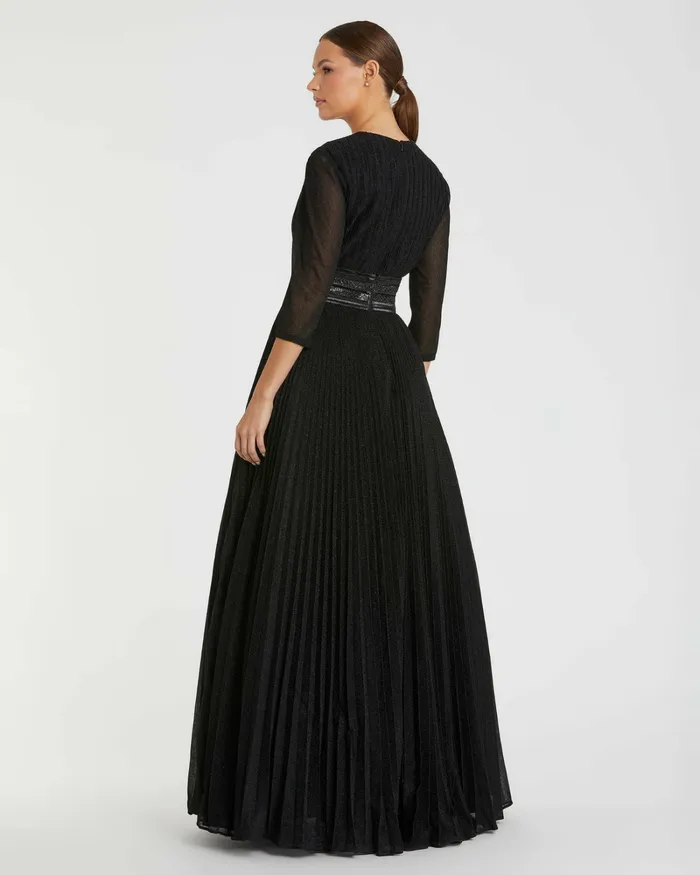 Evening Gowns Women Mac Duggal Shimmering Pleated ALine 34 Sleeve Gown Black
