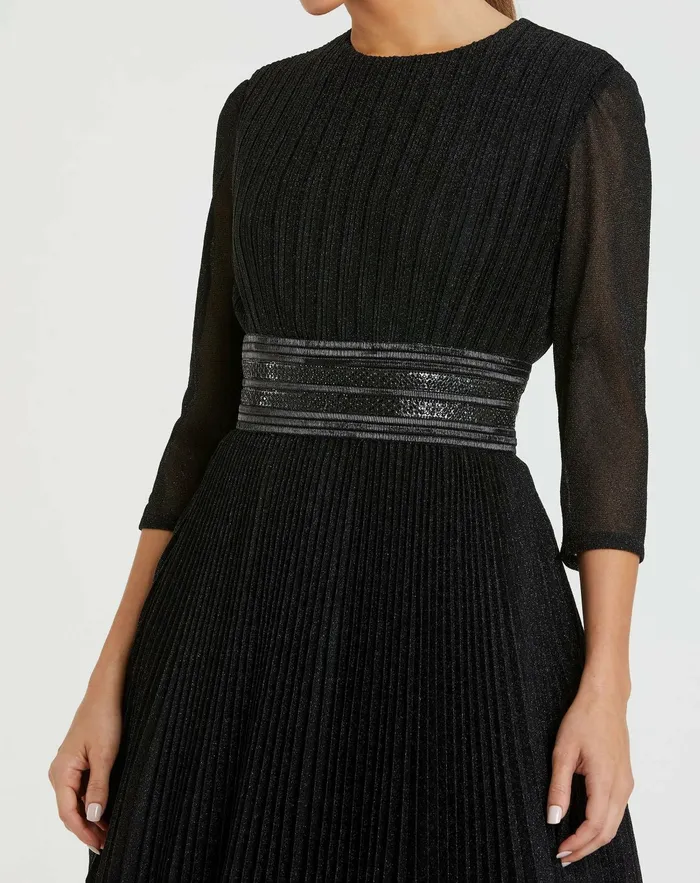 Evening Gowns Women Mac Duggal Shimmering Pleated ALine 34 Sleeve Gown Black