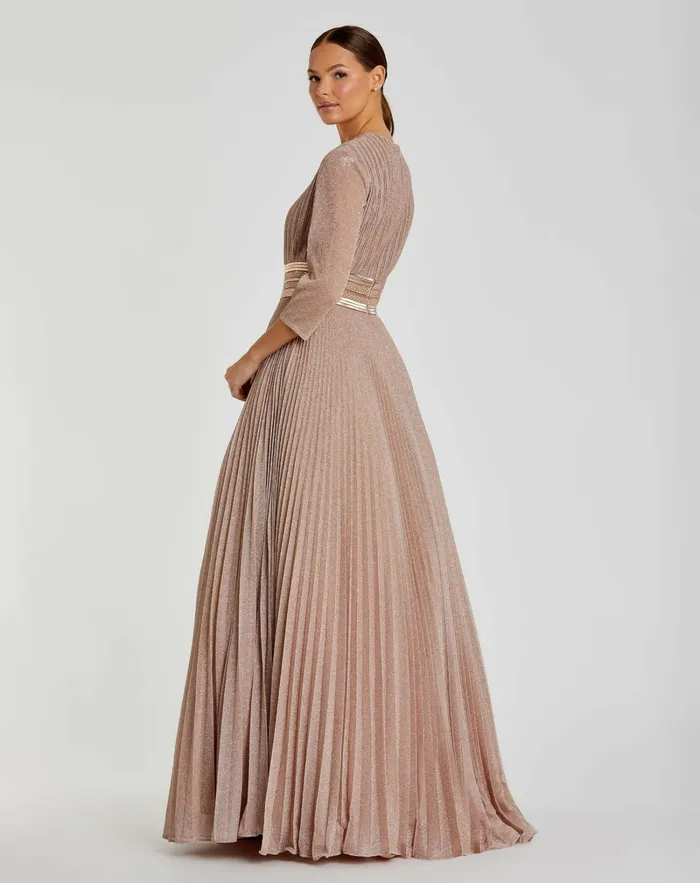 Evening Gowns Women Mac Duggal Shimmering Pleated ALine 34 Sleeve Gown Black