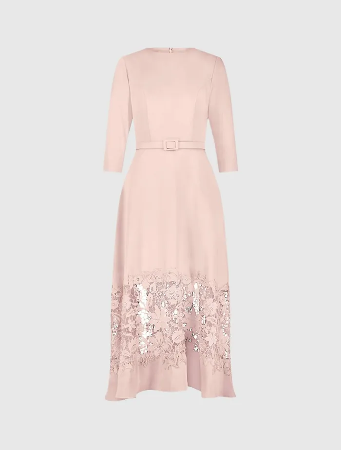 Every Day Dresses Mac Duggal Women Crepe Boat Neck Midi Dress With Applique Cut Out Blush