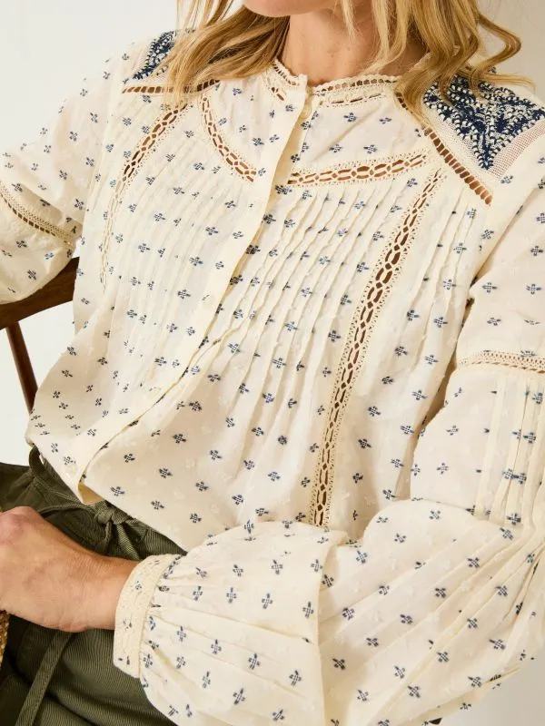 Fat Face Shirts and Blouses Women Cream Fern 100 Cotton Embroidered Blouse