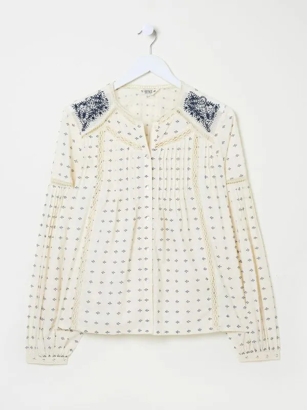 Fat Face Shirts and Blouses Women Cream Fern 100 Cotton Embroidered Blouse