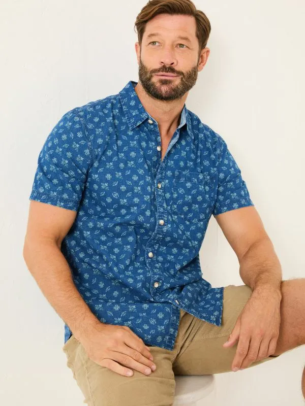 Fat Face Shirts Men Blue 100 Cotton Short Sleeve Geometric Print Shirt