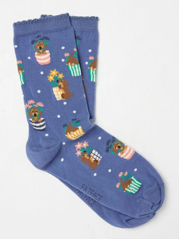 Fat Face Socks Women Blue Dogs In The Garden Socks