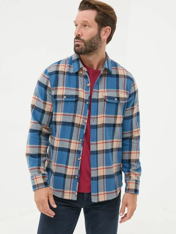 Fat Face Tall Collection Men Blue Long Sleeve Borne Check 100 Cotton Shirt