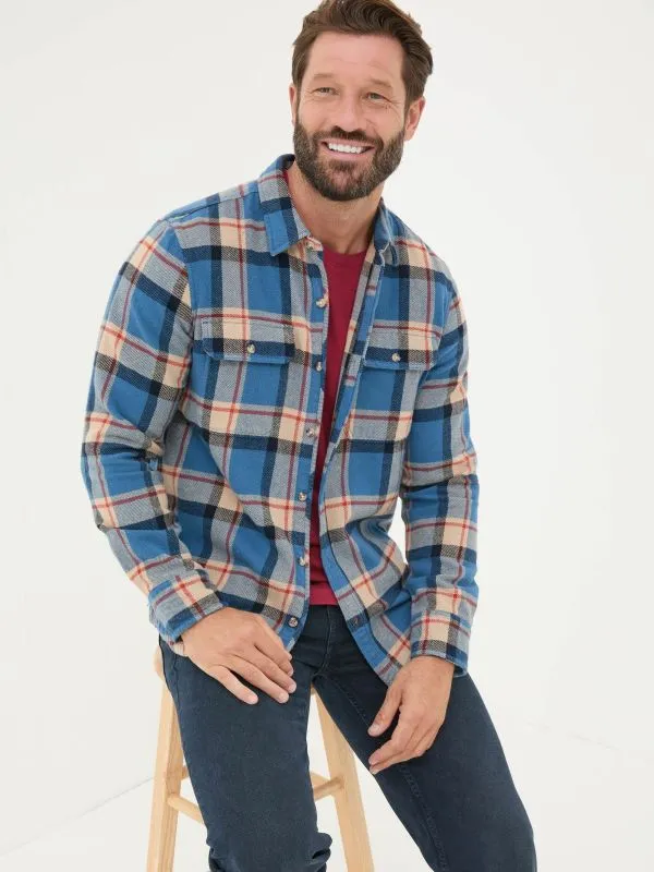 Fat Face Tall Collection Men Blue Long Sleeve Borne Check 100 Cotton Shirt