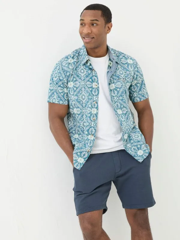 Fat Face Tall Collection Men Blue Short Sleeve Large Tile Print Shirt