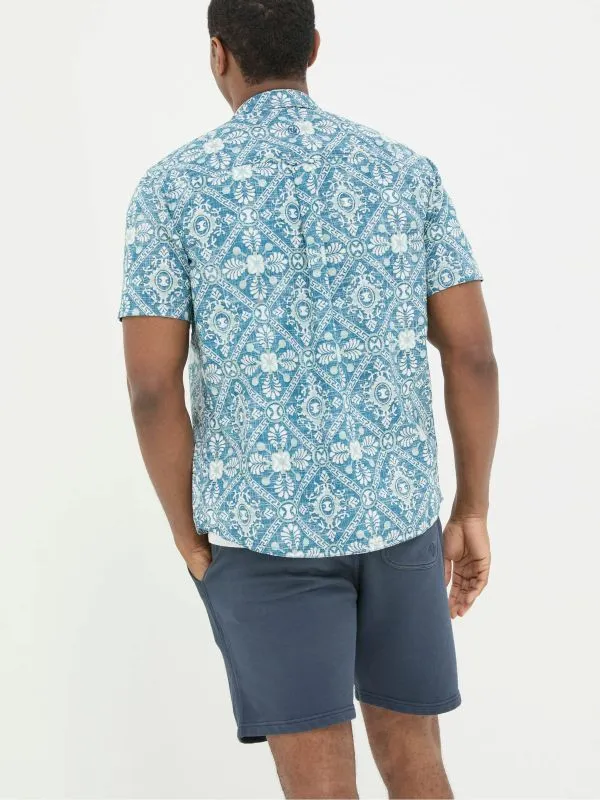 Fat Face Tall Collection Men Blue Short Sleeve Large Tile Print Shirt