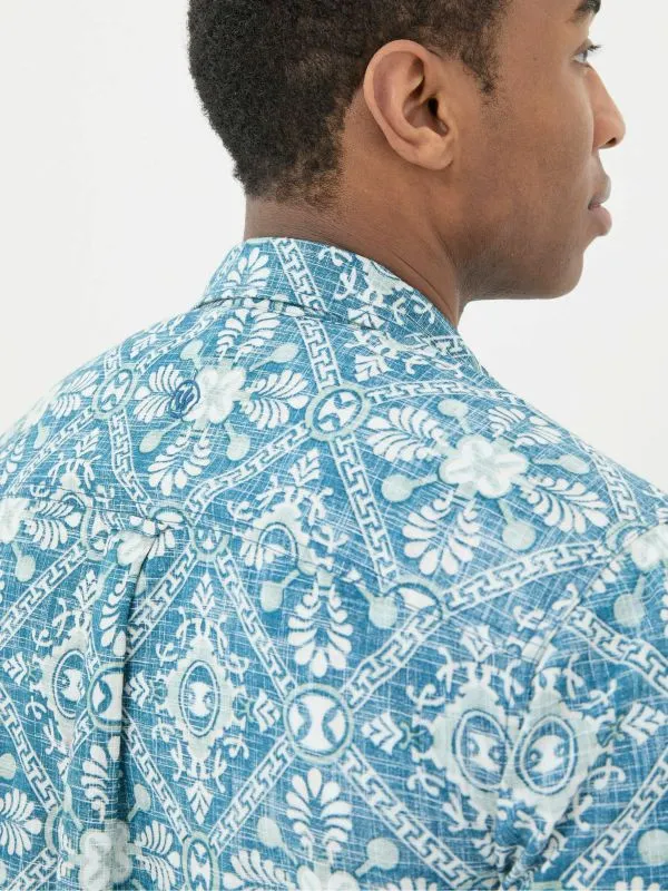 Fat Face Tall Collection Men Blue Short Sleeve Large Tile Print Shirt