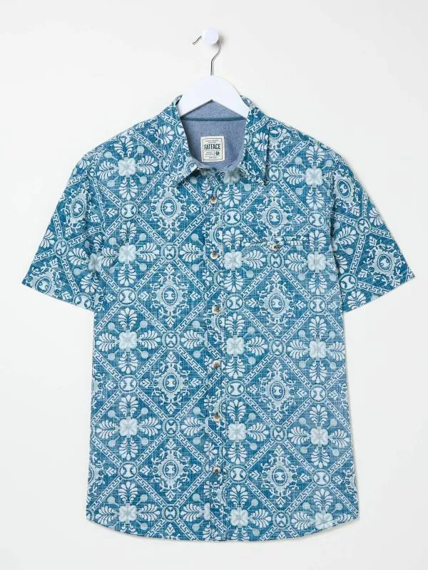 Fat Face Tall Collection Men Blue Short Sleeve Large Tile Print Shirt
