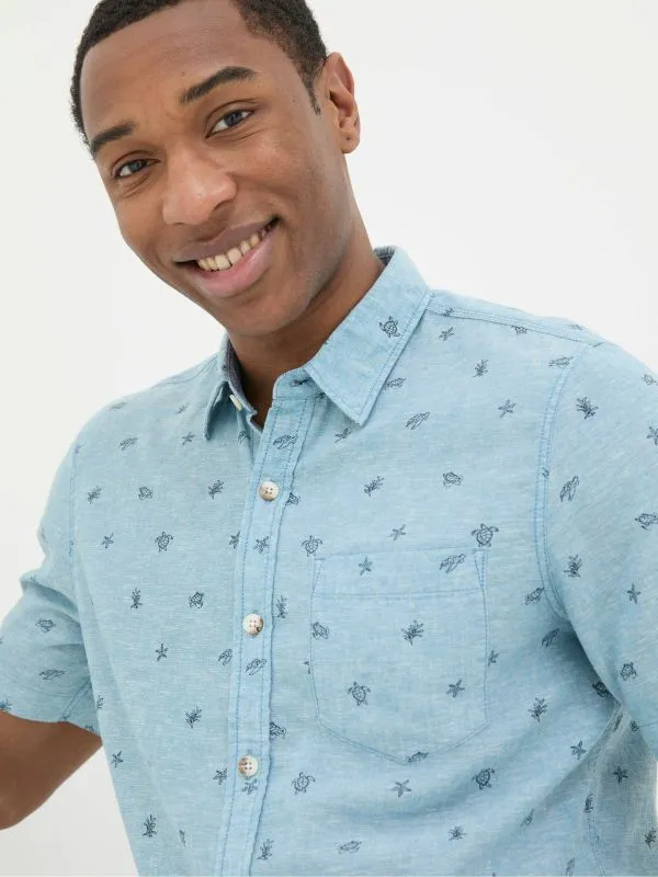 Fat Face Tall Collection Men Blue Short Sleeve Turtle Print Shirt